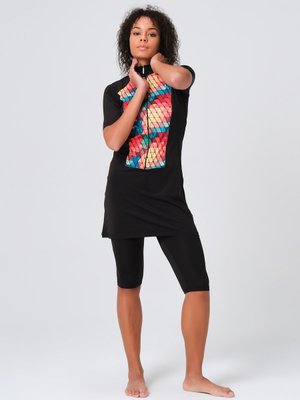 Oranj Desenli Dikiş Süslemeli Yarım Kol Yarı Kapalı Mayo