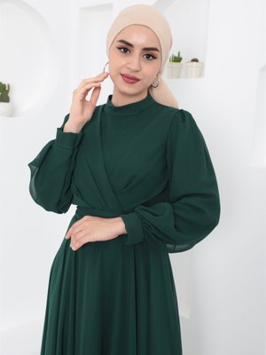 Yeşil Çapraz Şifon Abiye Elbise