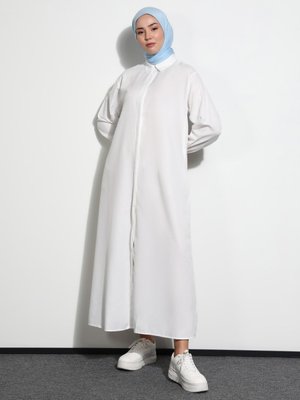 Beyaz Boydan Gizli Düğmeli Poplin Elbise