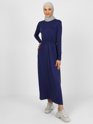 Lacivert Doğal Kumaşlı Beli Lastikli Elbise
