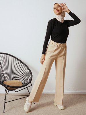 Taş Rengi Double Kumaş Lastikli Pantolon