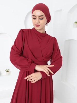 Bordo Çapraz Şifon Abiye Elbise