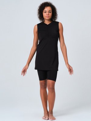 Siyah Önü Büzgü Detaylı Sıfır Kol Yarı Kapalı Mayo