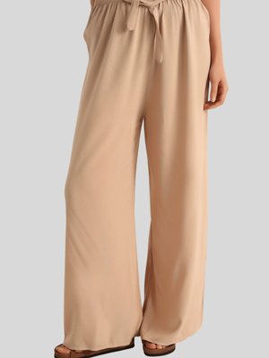Bej Beli Bağlamalı Bol Paça Viskon Pantolon