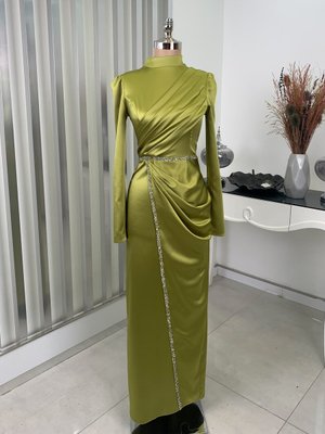 Yağ Yeşili Sare Abiye Elbise