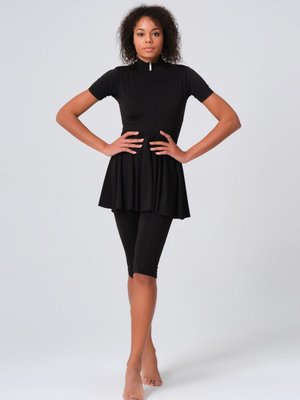 Siyah Kloş Etekli Yarım Kol Yarı Kapalı Mayo