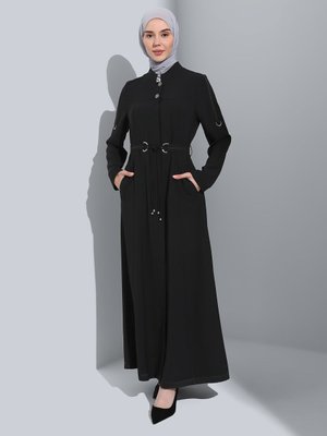 Siyah Hakim Yaka İşleme Ve Kemer Detaylı Astarsız Pardesü