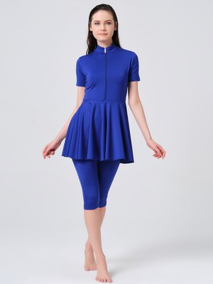 Saks Mavi Kloş Etekli Yarım Kol Yarı Kapalı Mayo