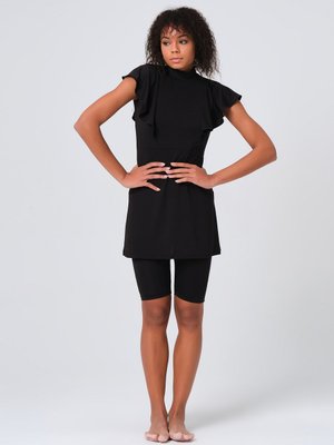 Siyah Safir Volan Detaylı Yarım Kol Yarı Kapalı Mayo