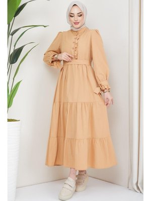 Camel Önü Fırfırlı Kolu Bağlamalı Elbise