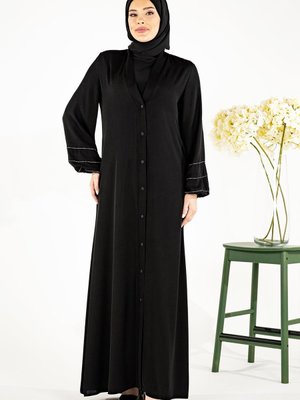 Siyah V Yaka Kolları Şerit Taş Detaylı Abaya Siyah V Yaka Kolları Şerit Taş Detaylı Abaya