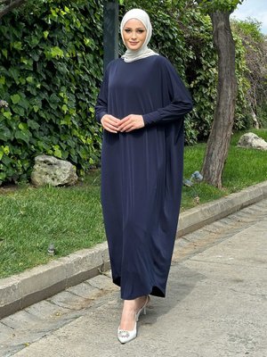 Lacivert Yarasa Kollu Elbise