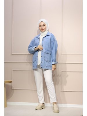 Pileli Oversize Kot Ceket Buz Mavisi