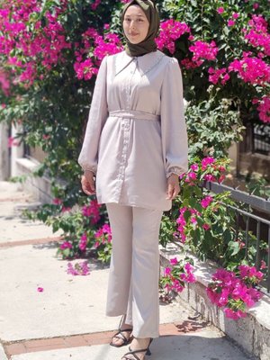 Bej Jolie Taşlı Saten Takım