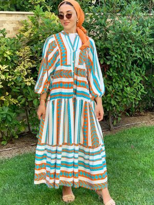 Turkuaz Begonvil Viskon Elbise