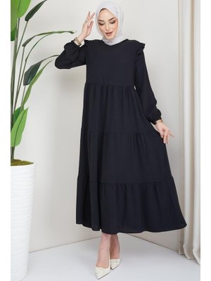Siyah Omuzu Fırfırlı Ayrobin Elbise