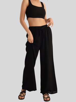 Siyah Beli Bağlamalı Bol Paça Viskon Pantolon Siyah Beli Bağlamalı Bol Paça Viskon Pantolon