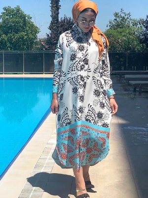 Turkuaz Özgün Desenli Tam Boy Tunik