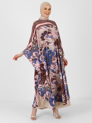 Pudra Kahve Çiçek Desenli Saten Ferace