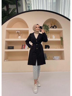 Siyah Artem Kuşaklı Ve Düğmeli Trençkot