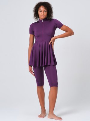 Koyu Mor Kloş Etekli Yarım Kol Yarı Kapalı Mayo