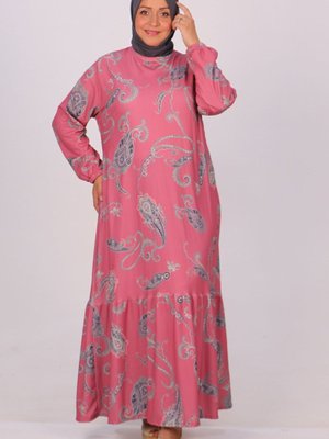 Etnik Desen Pembe Büyük Beden Etek Ucu Fırfırlı Bürümcük Elbise Etnik Desen Pembe Büyük Beden Etek Ucu Fırfırlı Bürümcük Elbise