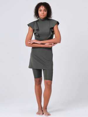 Haki Safir Volan Detaylı Yarım Kol Yarı Kapalı Mayo