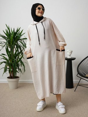 Taş Rengi Cepli Kapüşonlu Spor Kap Ağaçkabuğu Kumaş