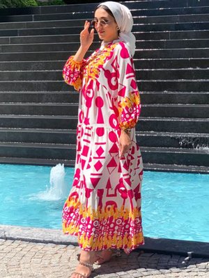 Ekru/fuşya Begonvil Viskon Elbise