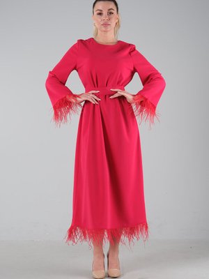 Fuşya Uzun Kol Tüy Detaylı Abiye Elbise Fuşya Uzun Kol Tüy Detaylı Abiye Elbise