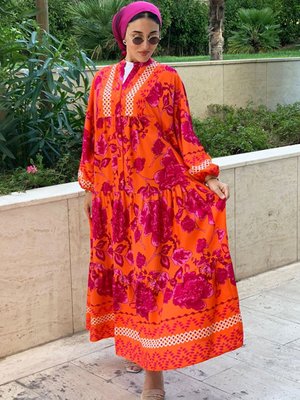 Turuncu/fuşya Begonvil Viskon Elbise