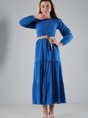 Saks Hasır Kemerli Fisto Elbise Saks Hasır Kemerli Fisto Elbise