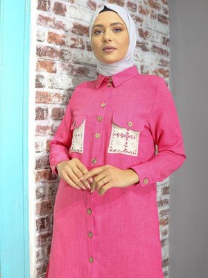 Fuşya Dantel Detaylı Keten Tunik