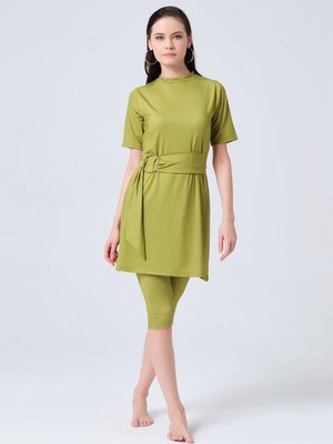 Fıstık Yeşili Gümüş Kemer Tokalı Yarım Kol Yarı Kapalı Mayo