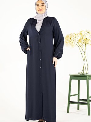 Lacivert V Yaka Kolları Şerit Taş Detaylı Abaya Lacivert V Yaka Kolları Şerit Taş Detaylı Abaya
