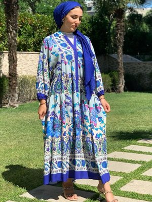 Çiçekli Mavi Zara Model Viskon Elbise