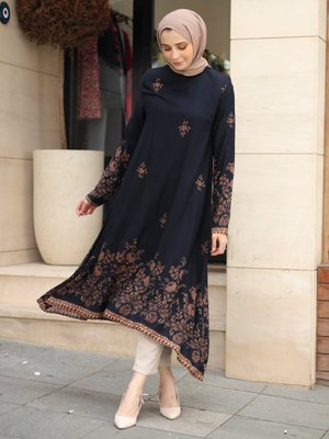 Lacivert Sulu Desenli Tunik