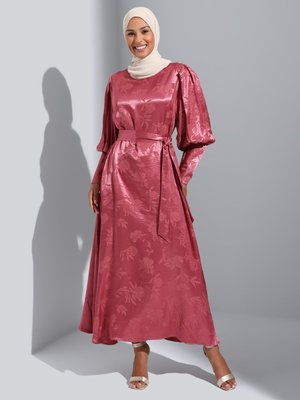 Gül Kurusu Jakarlı Saten Elbise