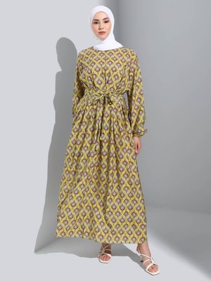 Yağ Yeşili Çiçek Desen Desenli Elbise