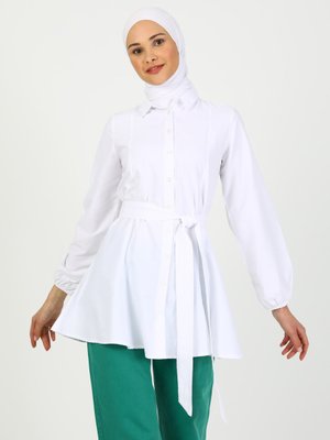 Off White Volan Detaylı Kuşaklı Tunik Off White Volan Detaylı Kuşaklı Tunik