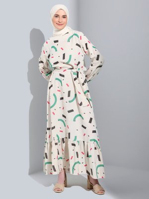 Krem Yeşil Desenli Elbise