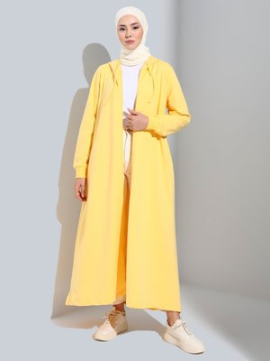 Sarı Kapüşon Detaylı Fermuarlı Spor Pardesü