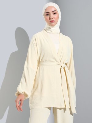 Taş Rengi Aerobin Kuşaklı Kimono & Pantolon Takım Açık