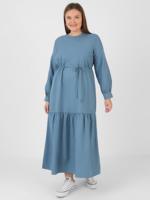 İndigo Büyük Beden Fırfırlı Rahat Elbise İndigo Büyük Beden Fırfırlı Rahat Elbise