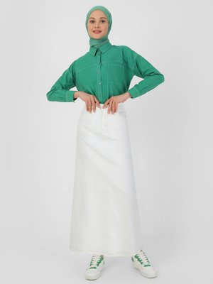 Off White Doğal Kumaşlı Kontrast Dikişli Kot Etek