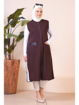 Acı Kahve Kadin Deri Cepli Buyuk Beden Uzun Yelek