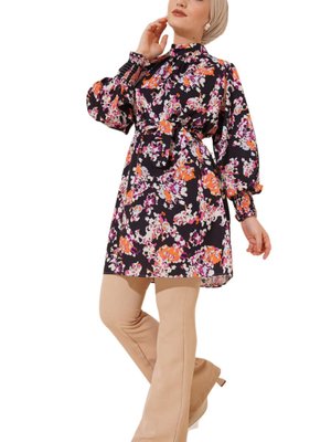 Siyah Orange Desenli Kol Bileği Gipeli Kuşaklı Tunik