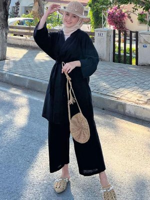 Siyah Müslin Kimono Takım