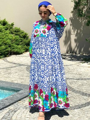 Çiçekli İndigo Begonvil Viskon Elbise