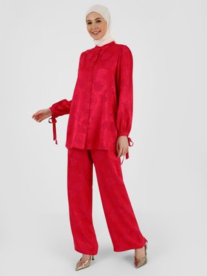 Fuşya Bağlama Detaylı Jakar Saten Tunik & Pantolon İkili Takım